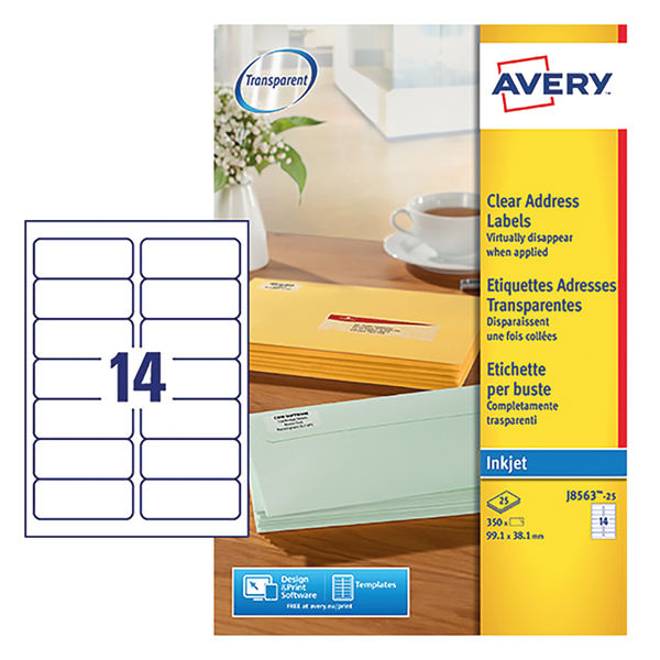 Avery Inkjet Labels 99x38mm 14 Per Sheet Clear 350 Pack J8563 25