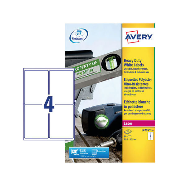 Avery Heavy Duty White Laser Labels 99.1 x 139mm (Pack of 40) - L4774-20