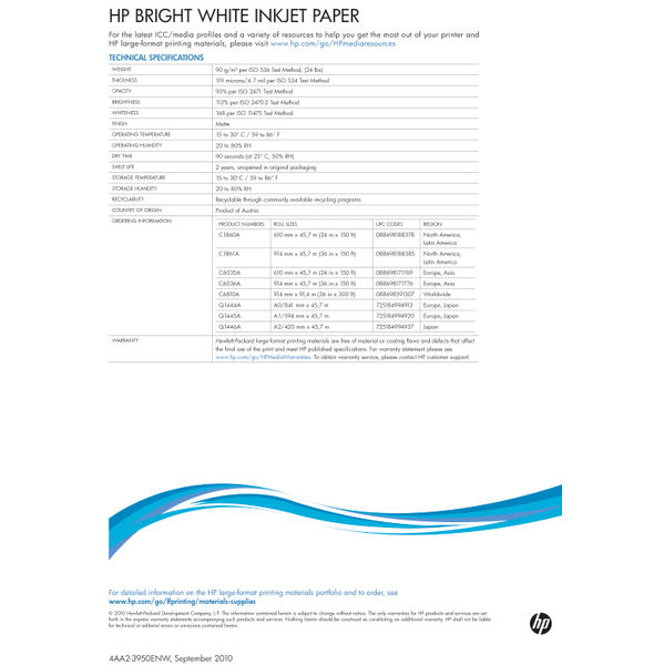 HP Bright White Inkjet Paper 841mm x45.7m (Quality 90 gsm paper reduces amount of smear) Q1444A