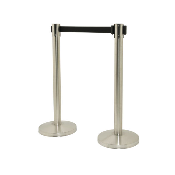 Securit Budget Barrier Pole Set with Retractable Belt Chrome/Black (Pack of 2) RS-RT-LW-CH