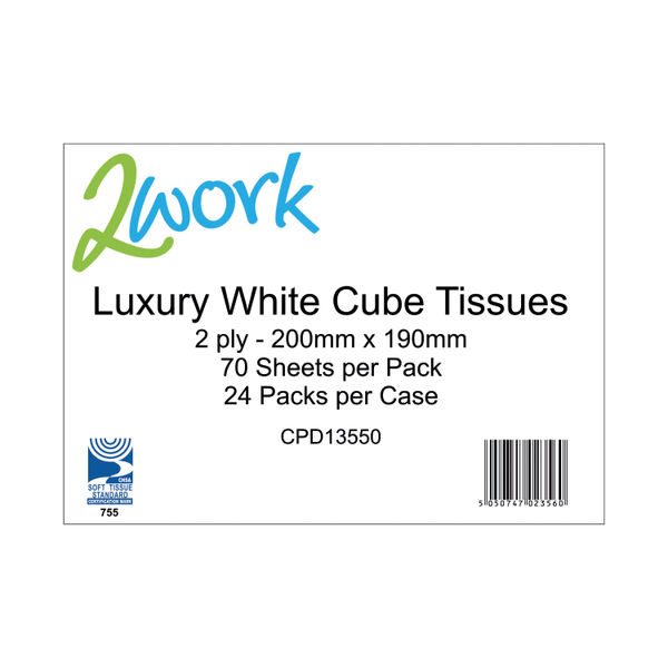 2Work Facial Tissue Cube Box 70 Sheets 2-Ply (Pack of 24) CPD13550