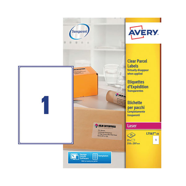 Avery 199.1 x 284.1mm Clear Laser Address Label (Pack of 25) - L7567-25