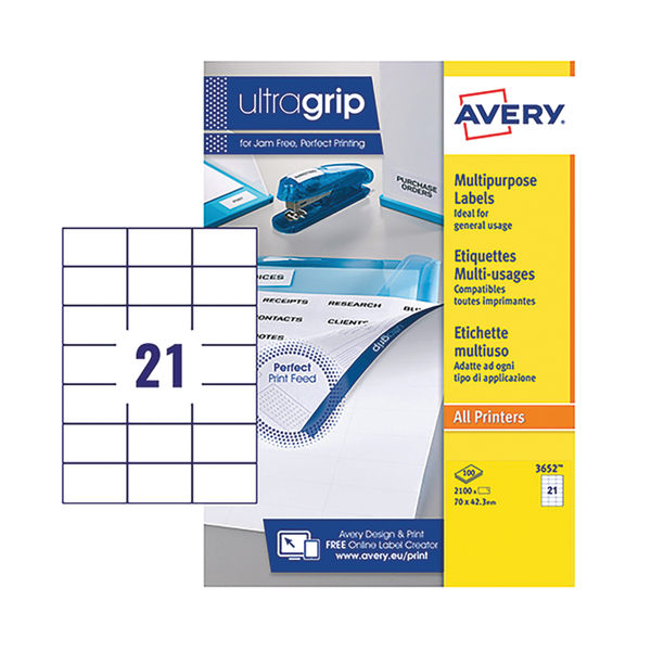 Avery Ultragrip Multi Labels 70 x 42.3mm 21 Per Sheet White (Pack of 2100) 3652