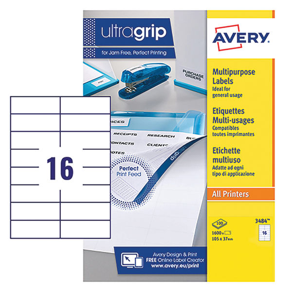 Avery Ultragrip Labels 105x37mm 16 Per Sheet Wht (Pack of 1600) DPS16-100