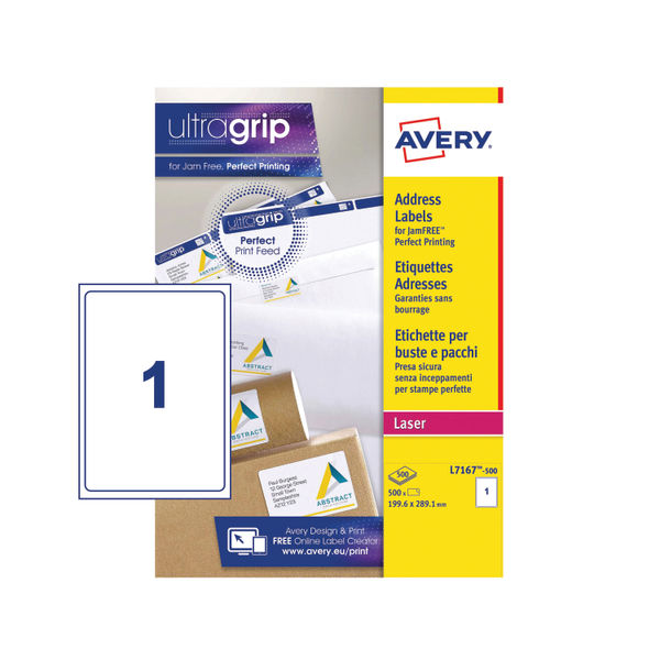 Avery Ultragrip Laser Labels 199.6x289.1mm Wht (Pack of 500) L7167-500