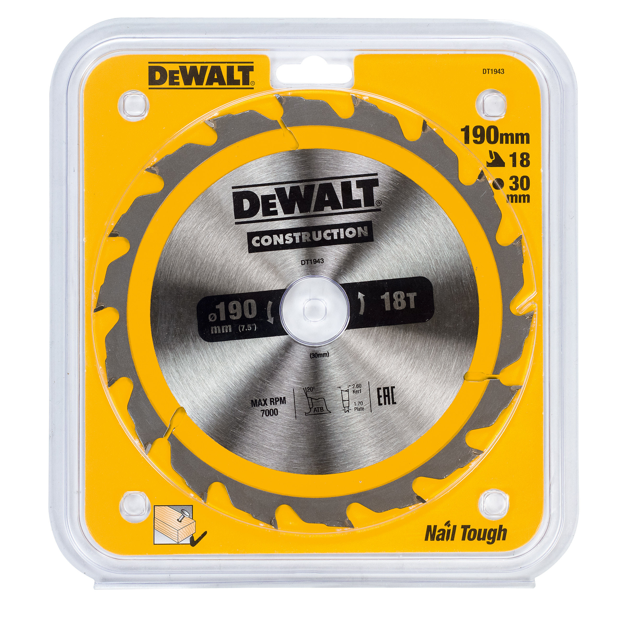 Toolstop Dewalt DT1943 Construction Circular Saw Blade 190mm x 30mm x 18T