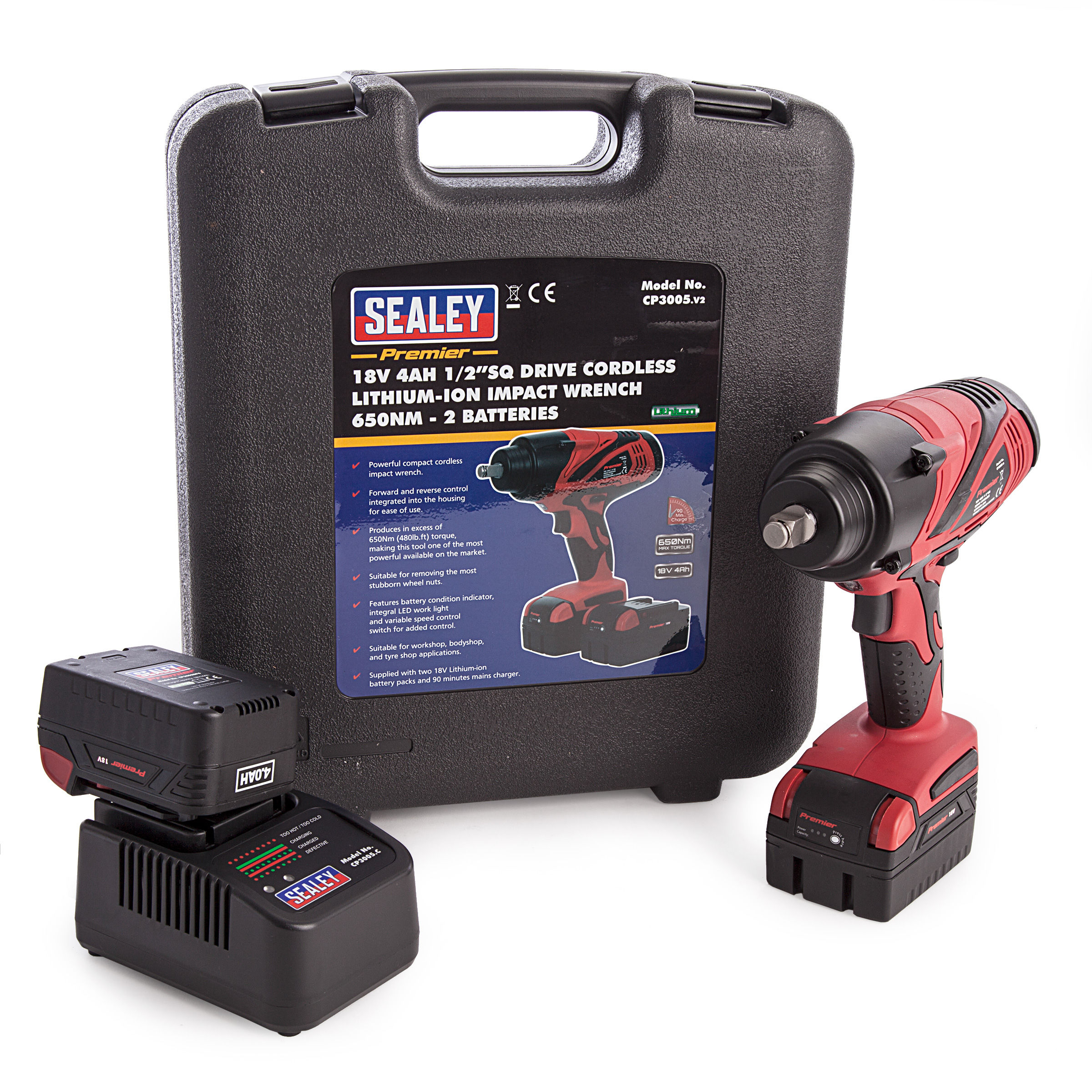 Toolstop Sealey CP3005 18V Cordless Impact Wrench 1/2in Square Drive 650Nm (2 x 4.0Ah Batteries)