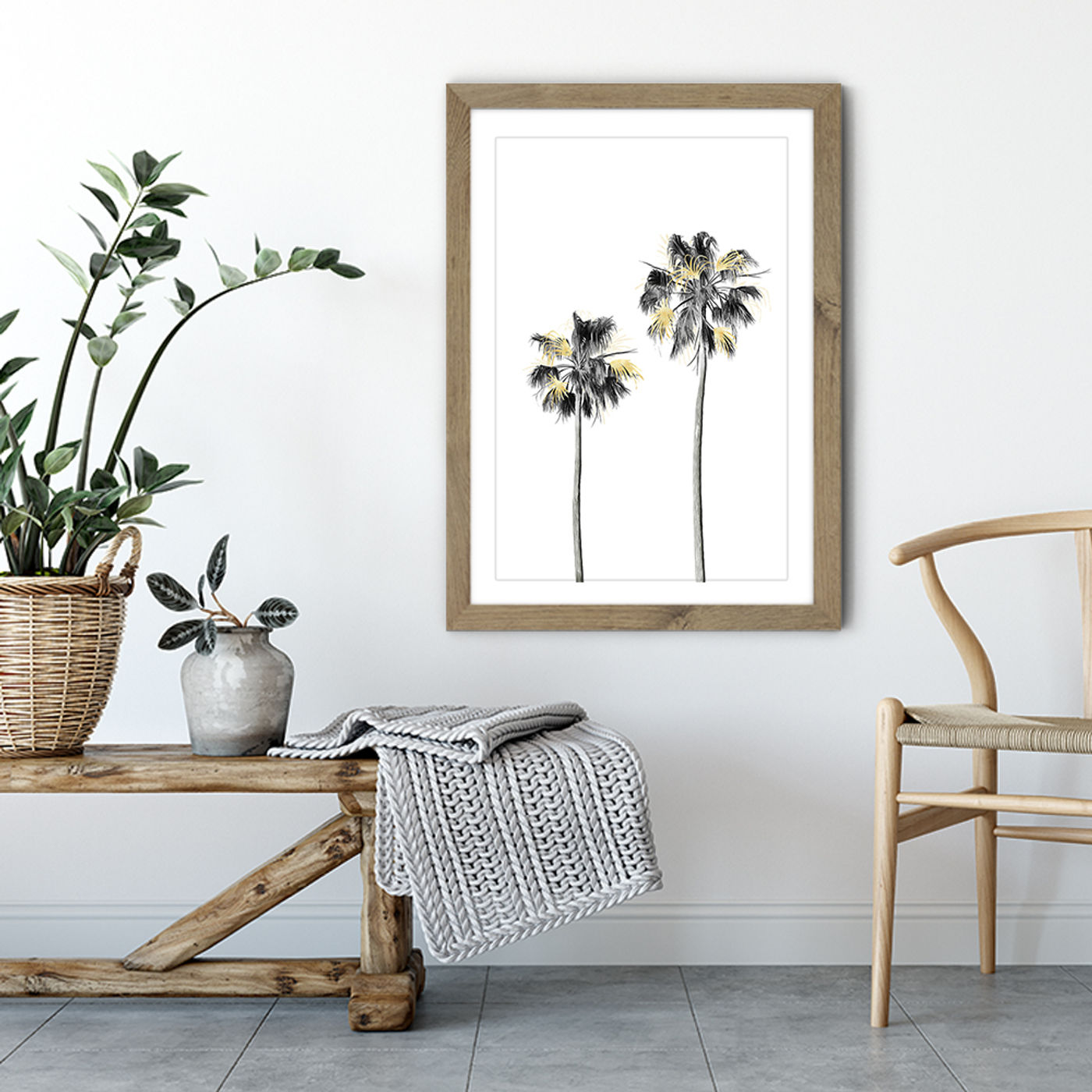 Palm Tree Black White and Gold 1 Art Print Oak Frame | Bombinate
