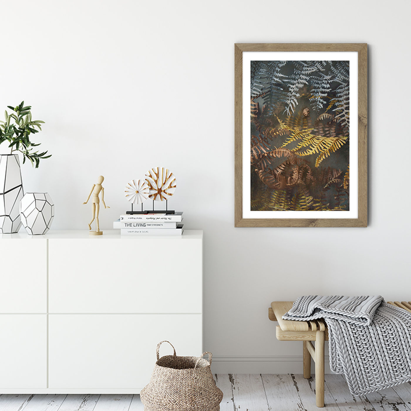 Earthy Ferns 1 Art Print Oak Frame | Bombinate