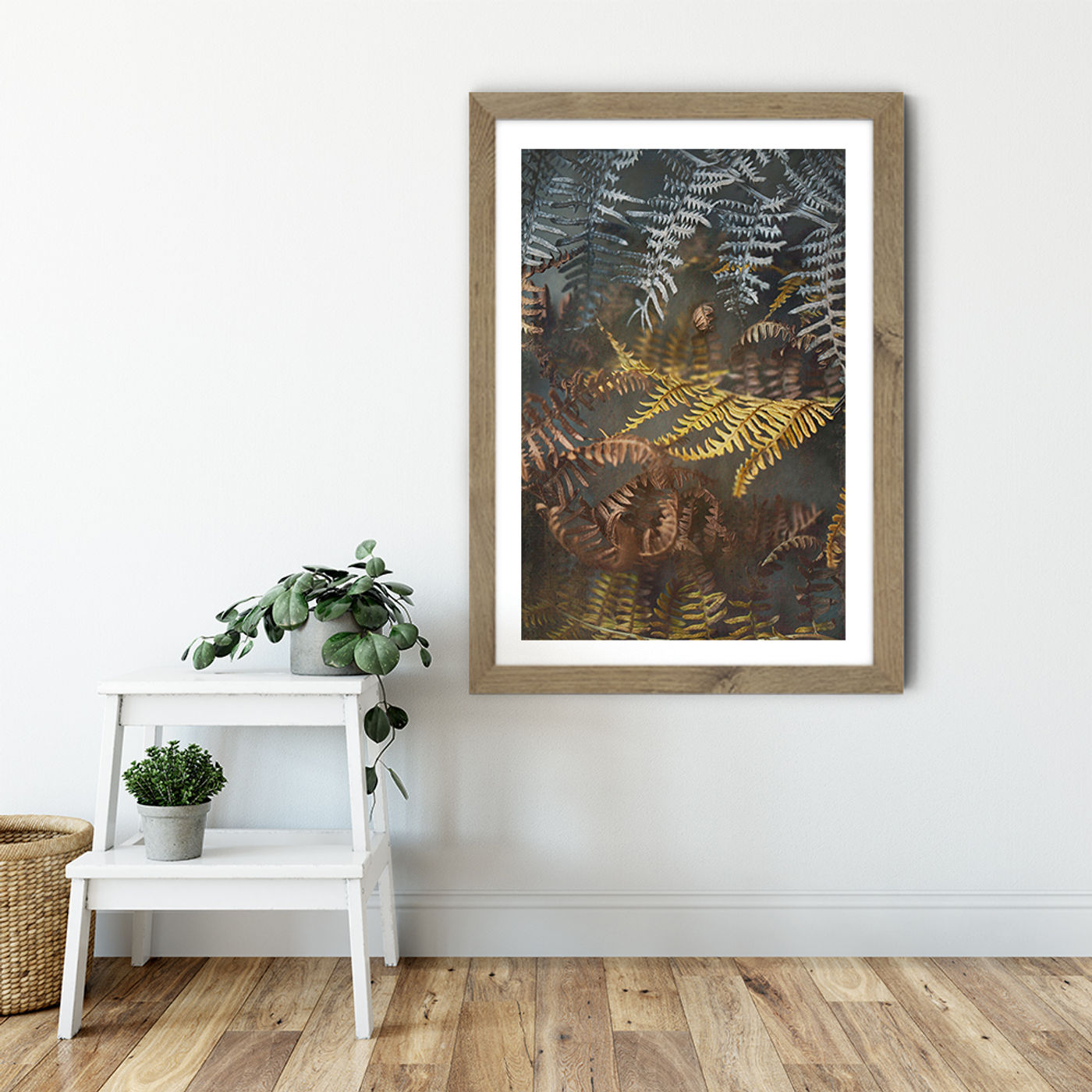 Earthy Ferns 1 Art Print Oak Frame | Bombinate