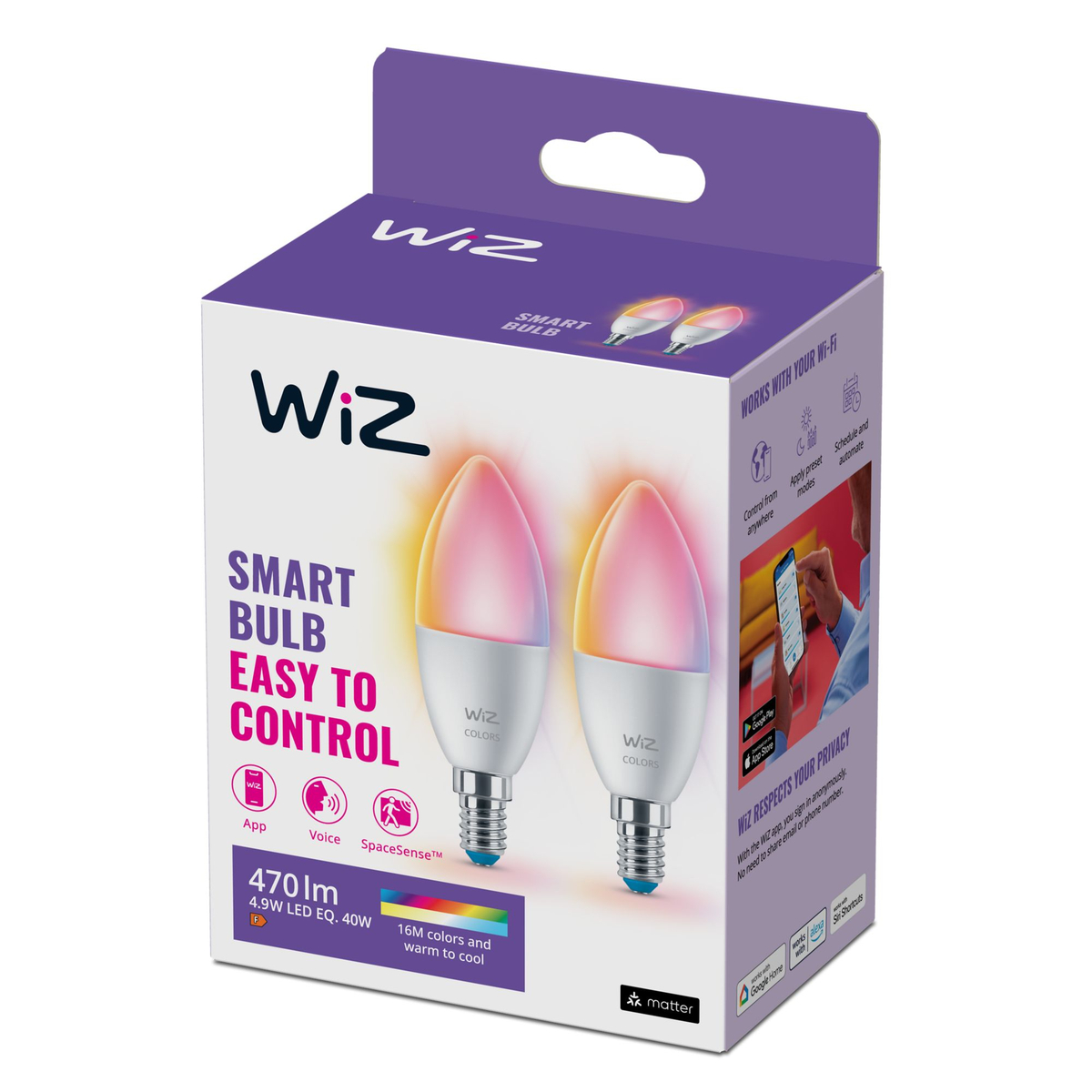 WIZ WI-FI BLE 40W C37 E14 922-65 RGB 2PK