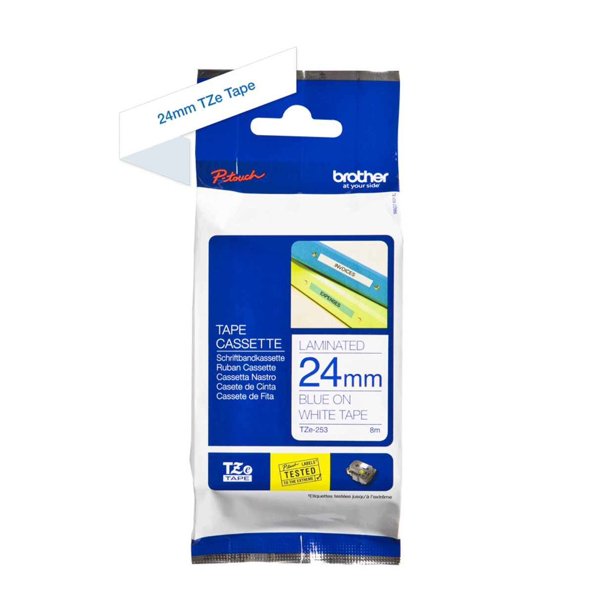 TZE253 24mm Blue On White Label Tape