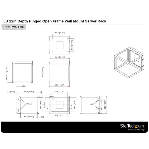 8U 22in Depth Hinged Open Frame WM Rack