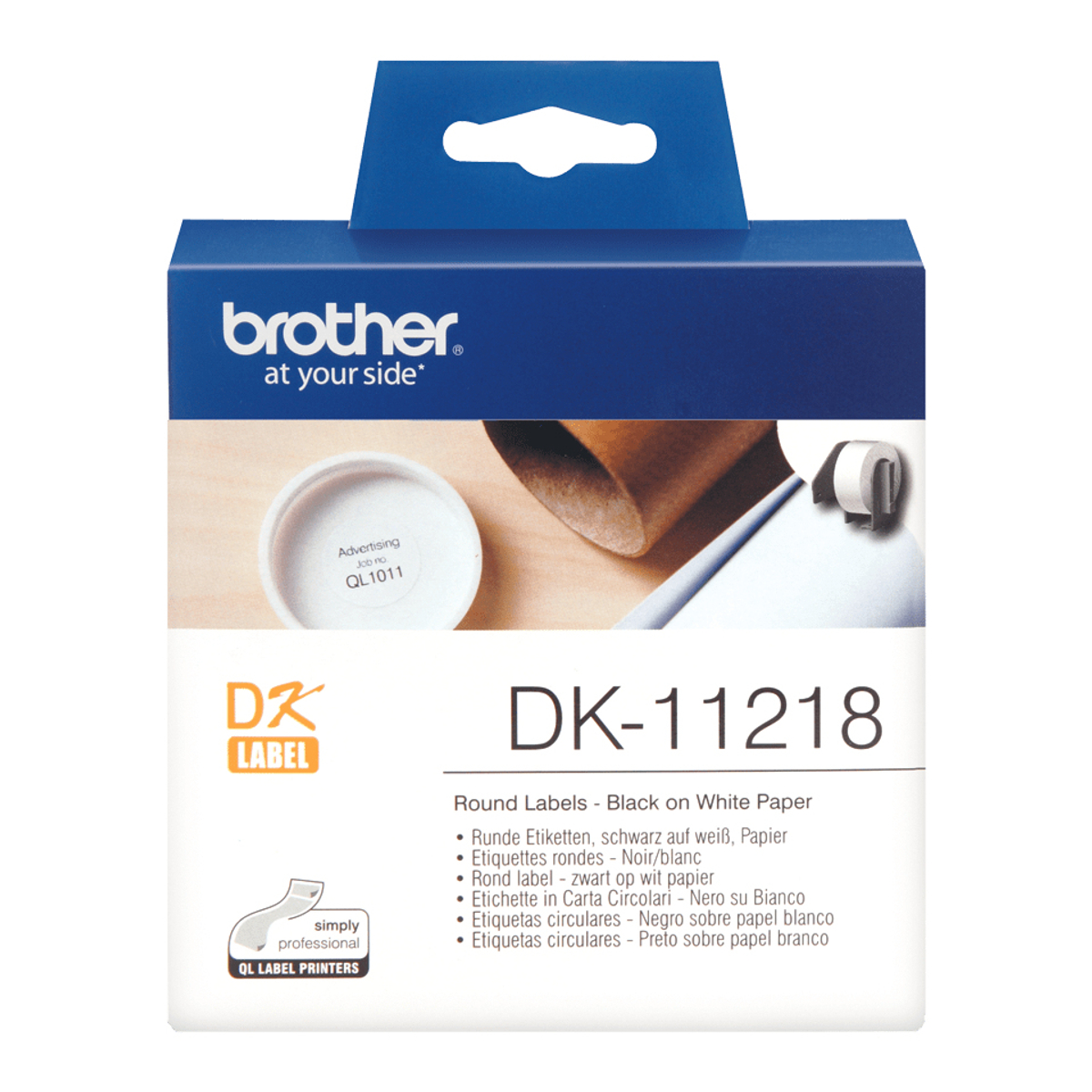 DK11218 24mm Black on White Round Labels