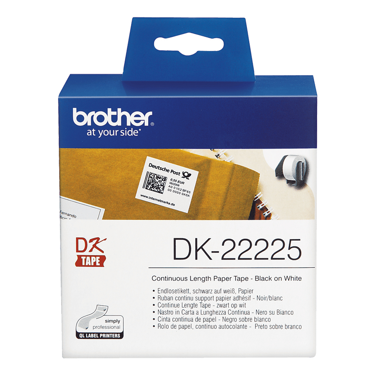 DK22225 38mm Black on White Label Roll