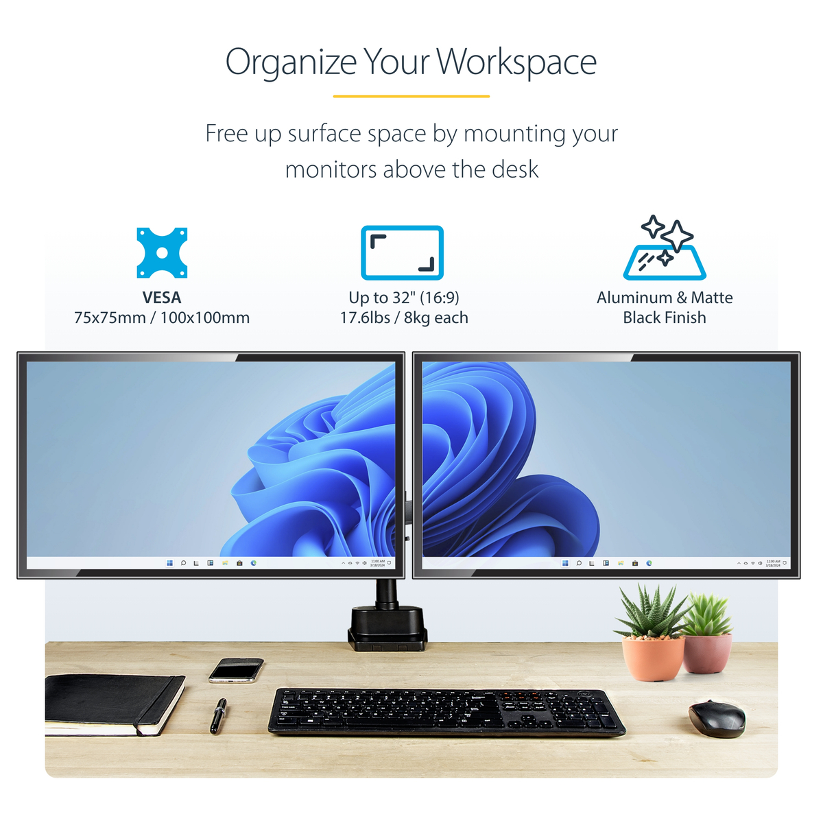 Desk Mount Dual Monitor Arm - 32in VESA