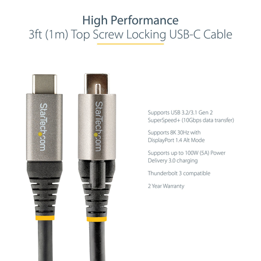 3ft Top Screw Locking USB C Cable 10Gbps