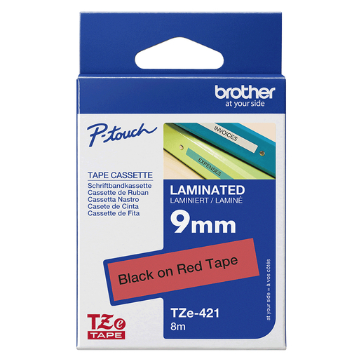 TZE421 9mm Gloss Black On Red Label Tape