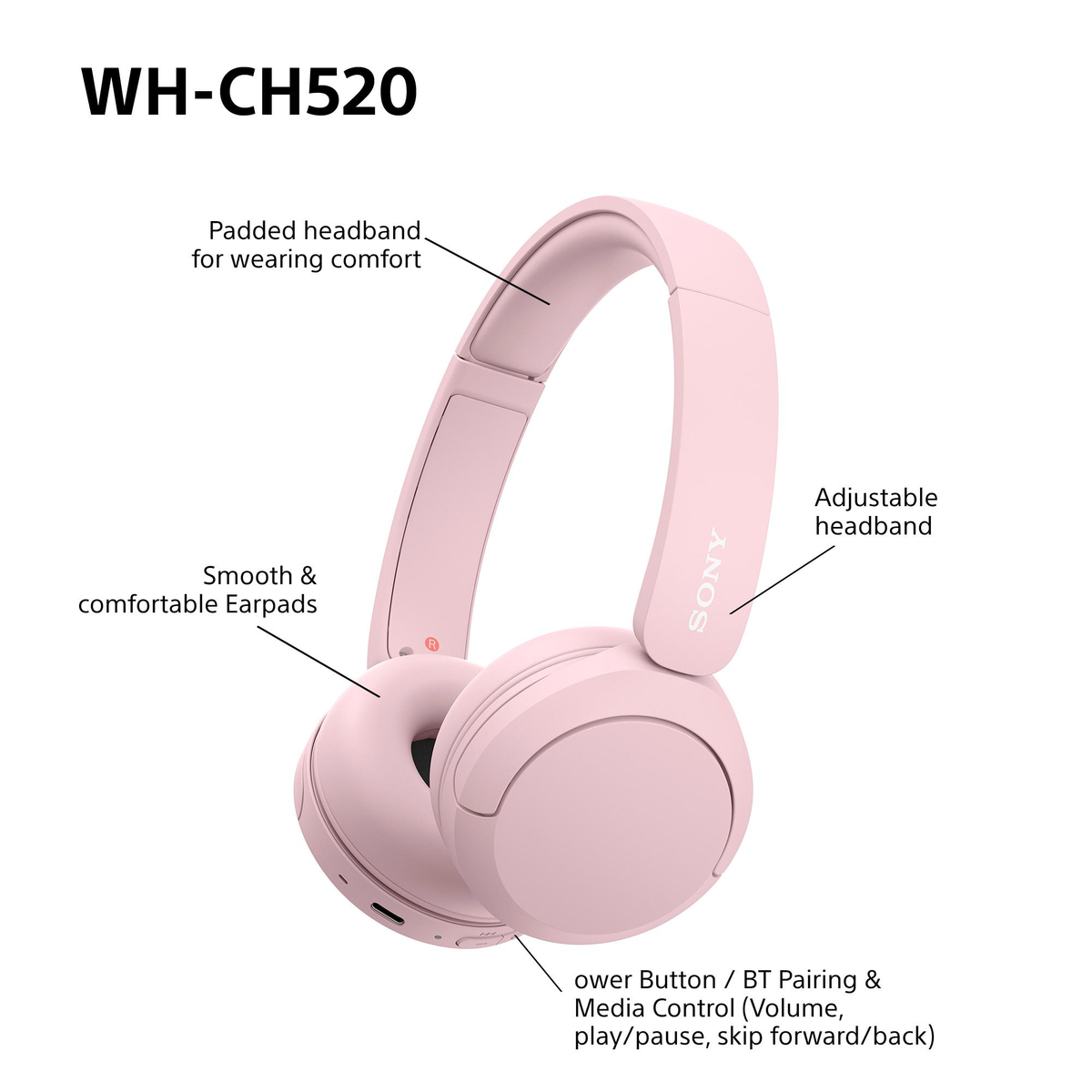 Sony WH-CH520 Bluetooth Headphones-Pink