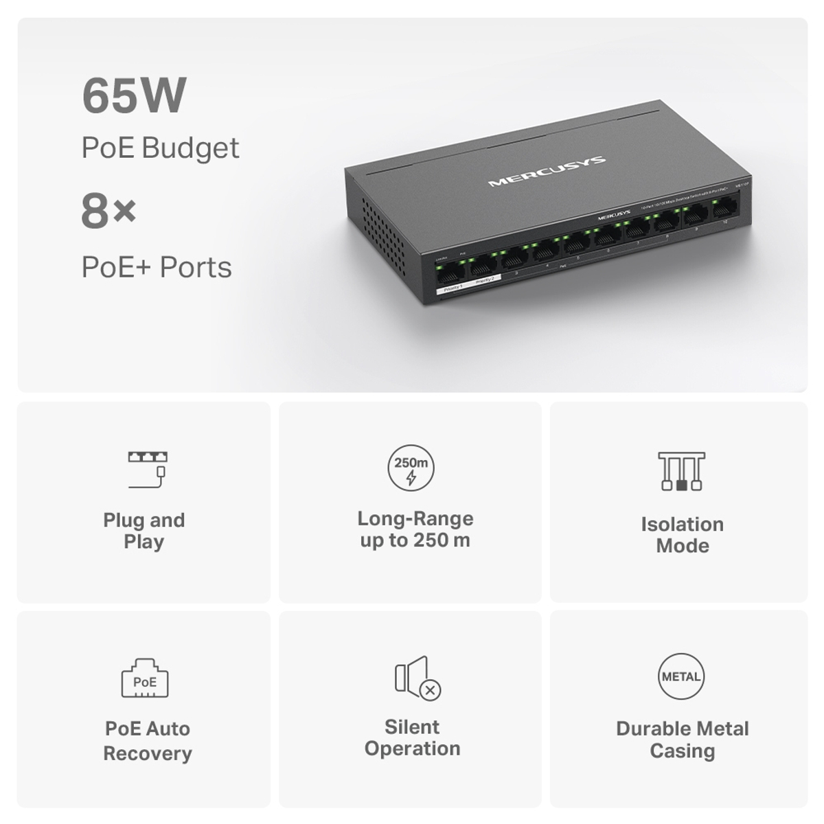 10-Port 10/100 Desktop Switch 8Port PoE+