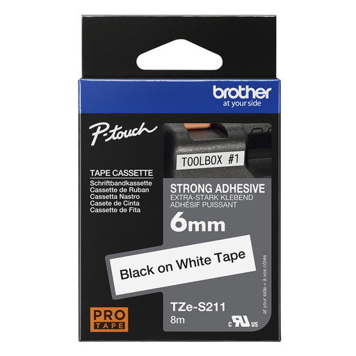 TZES211 6mm Bk On Wt X-Strng Label Tape