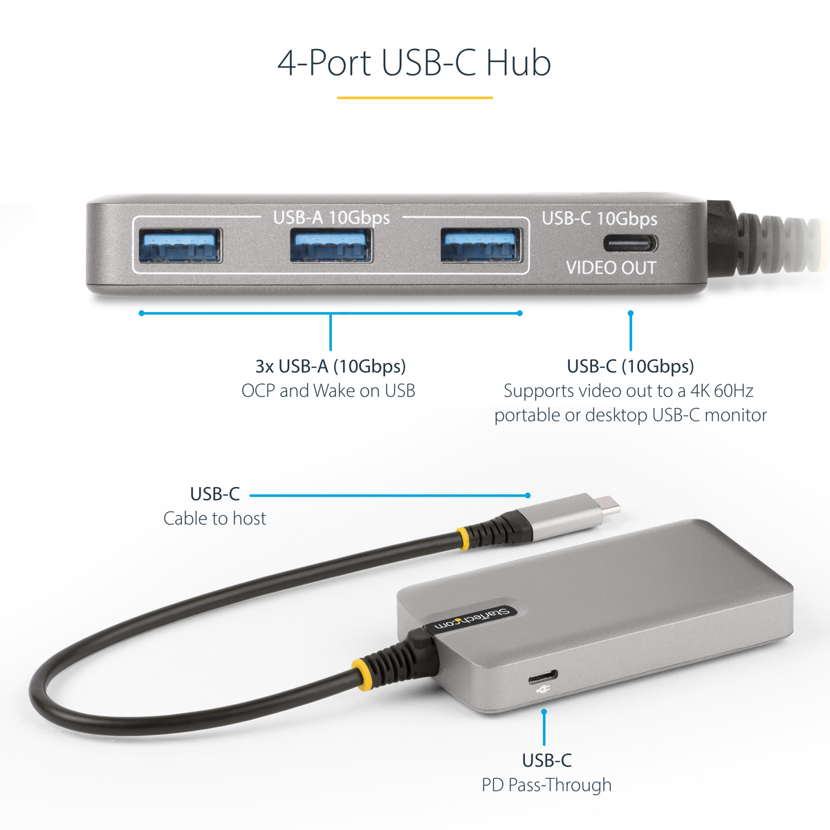 4-Port USB-C Hub with USB-C Video Output