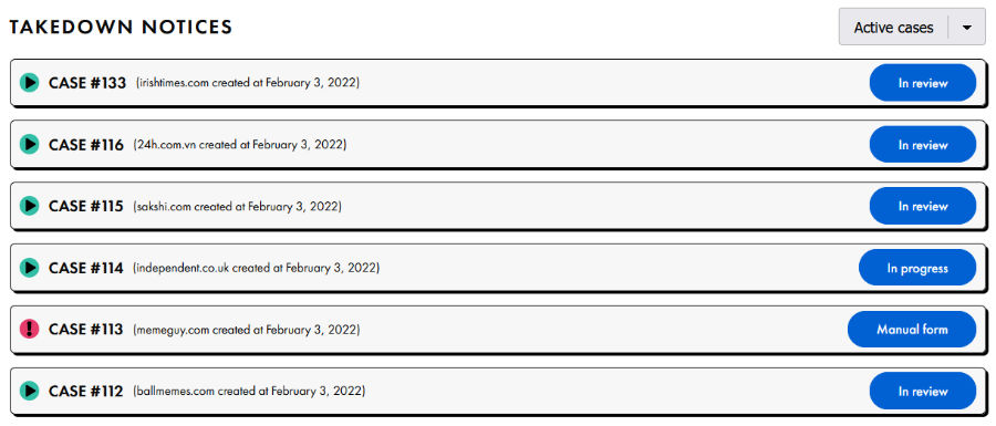 View of your active takedowns
