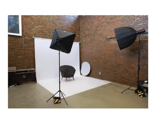 interior of photography studio for rent in Midrand with white backdrop