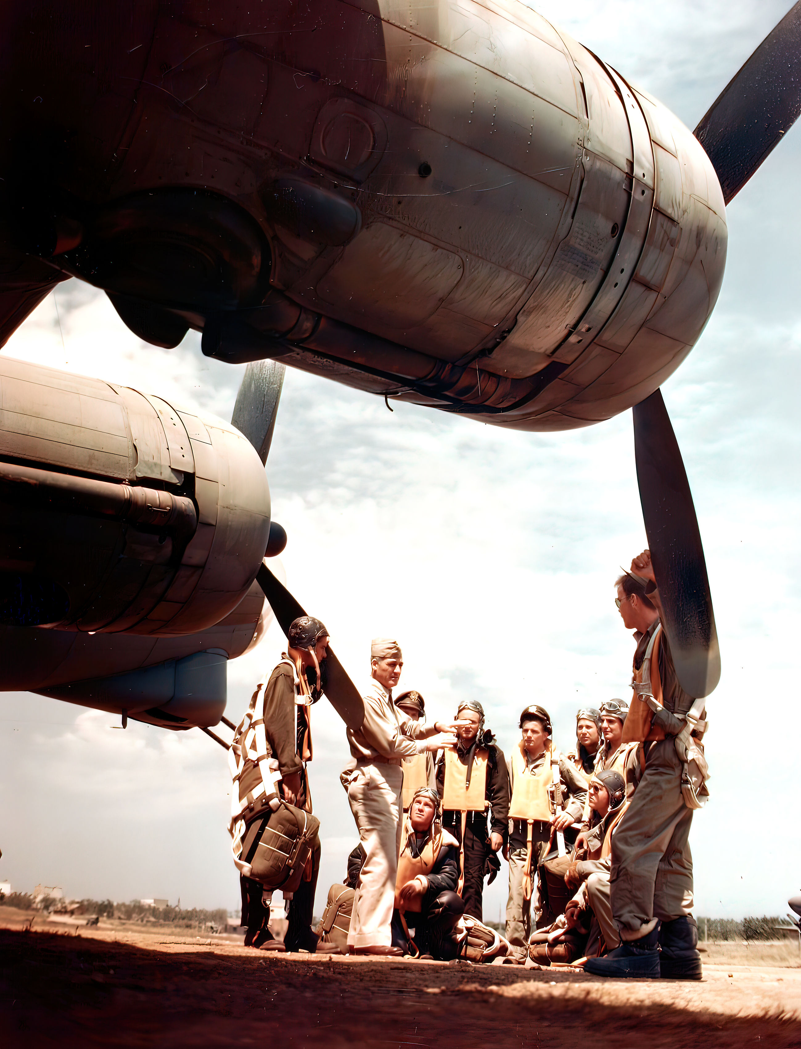 Major General Nathan Twining talks to B-17 crew just returned from a mission