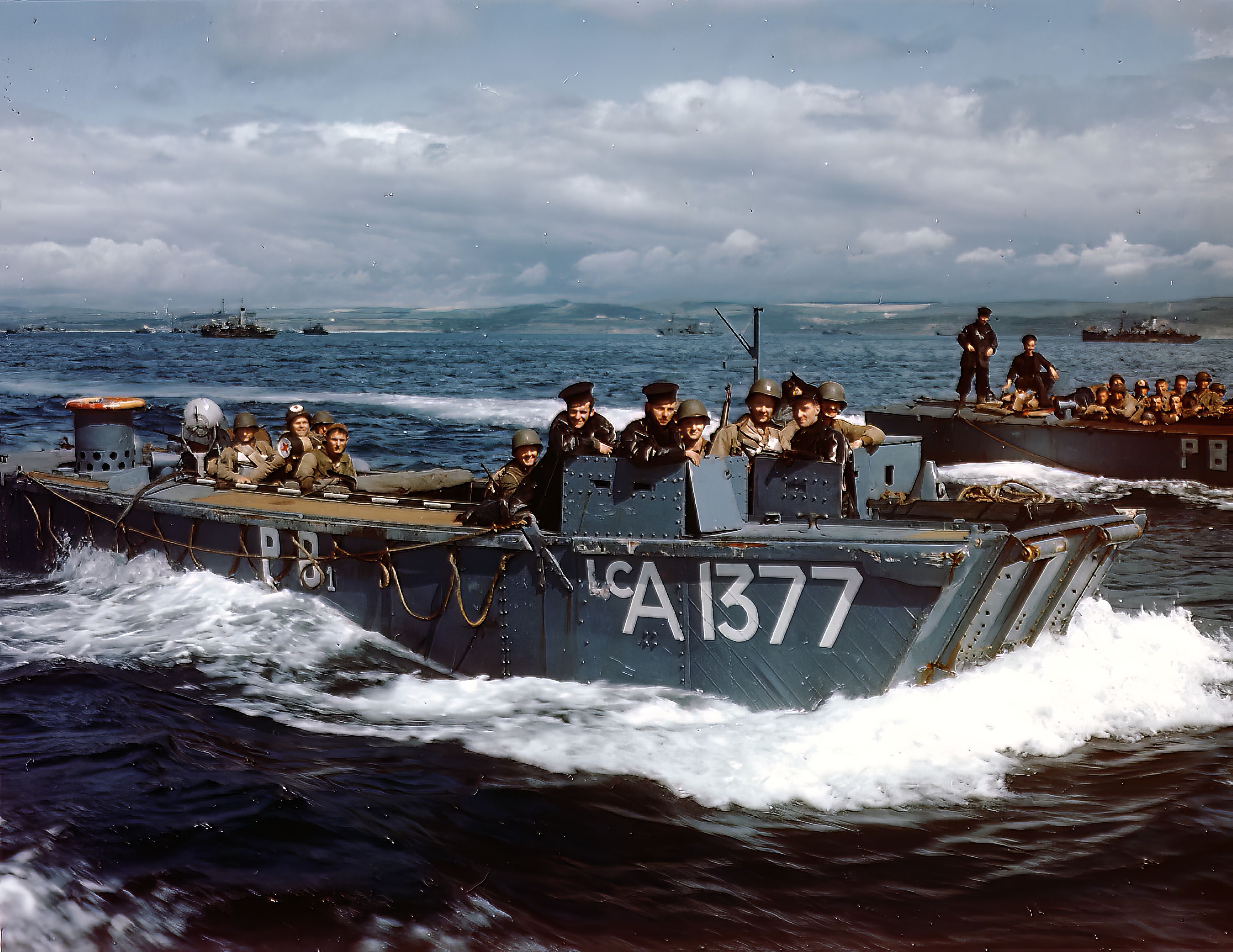 Military men in landing craft somewhere in France