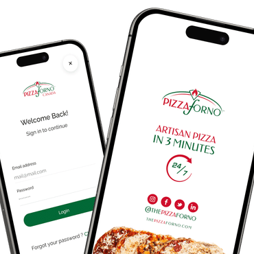 An image of two Iphones that are on the PizzaForno app.