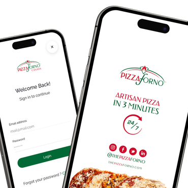 An image of two Iphones that are on the PizzaForno app.