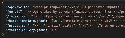 JSON structure showing serialized action file codes sent to server for building