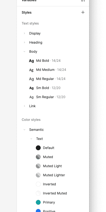 FigmaのStylesのパネルにText stylesやColor stylesが登録されている。