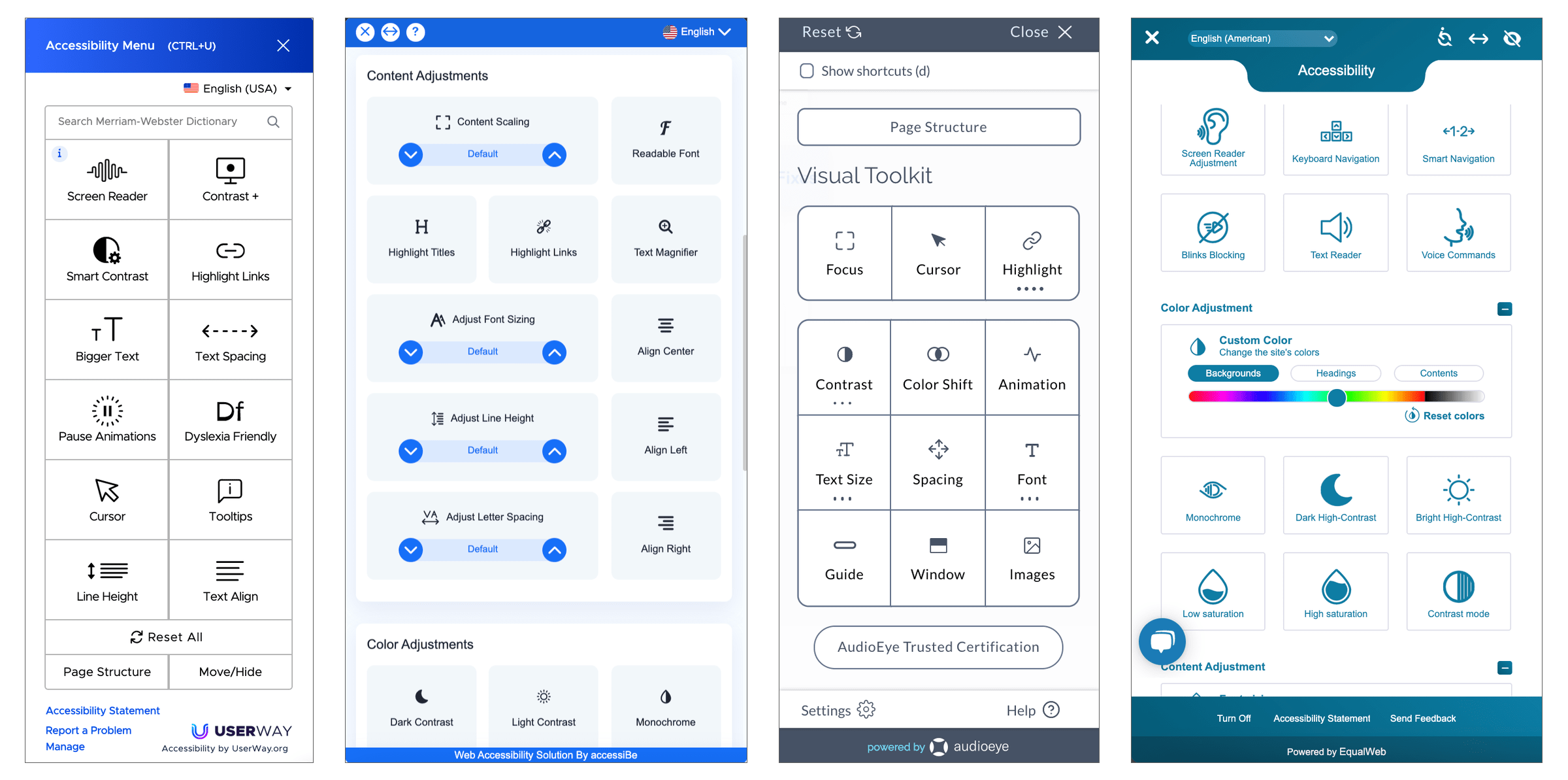 「Screen Reader」「Contrast」「Highlight Links」「Larger Text」などのユーザー補助機能がいくつも並んだメニューが表示される
