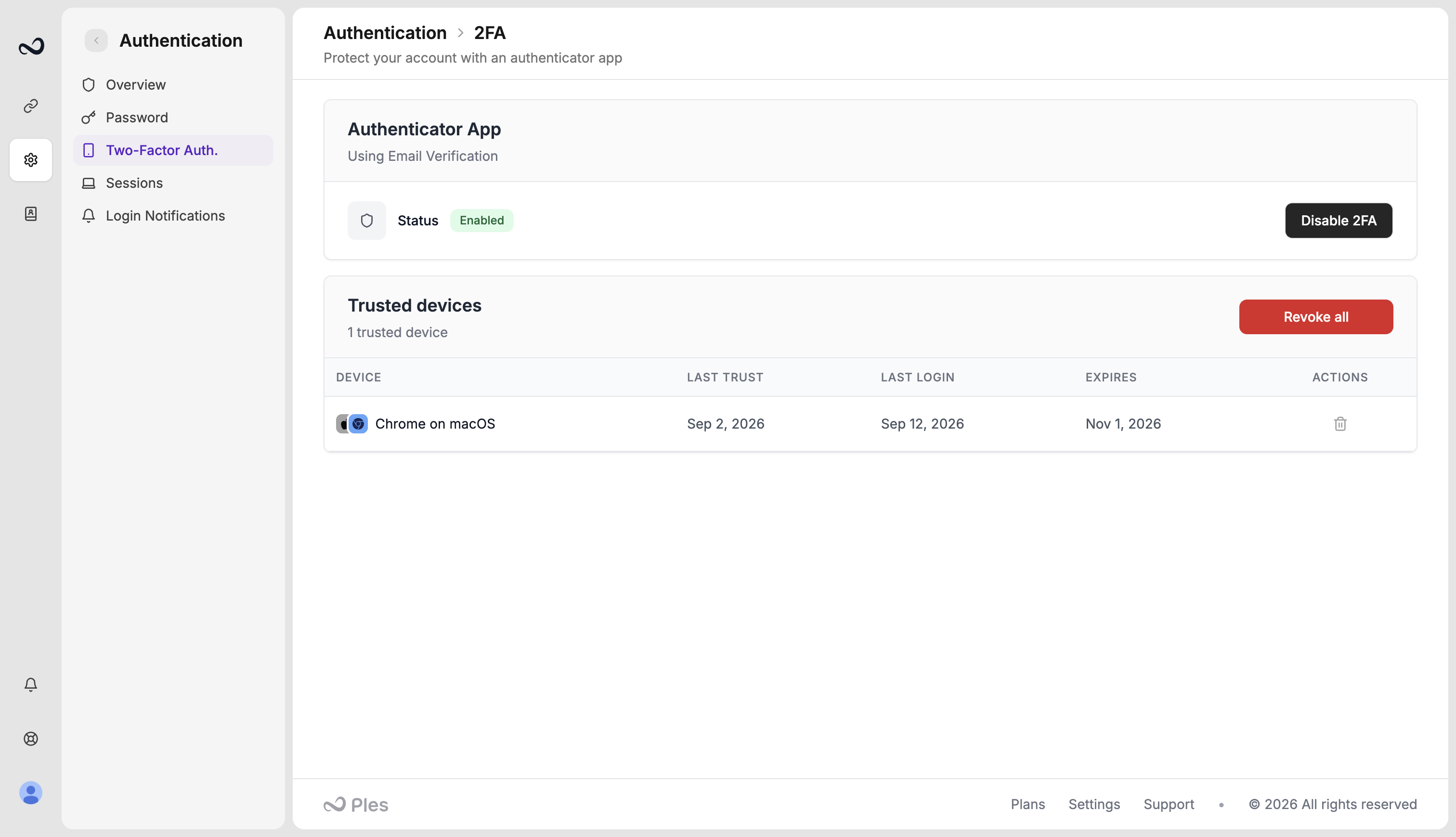 Ples Two-Factor Authentication settings with Enable 2FA and authenticator status