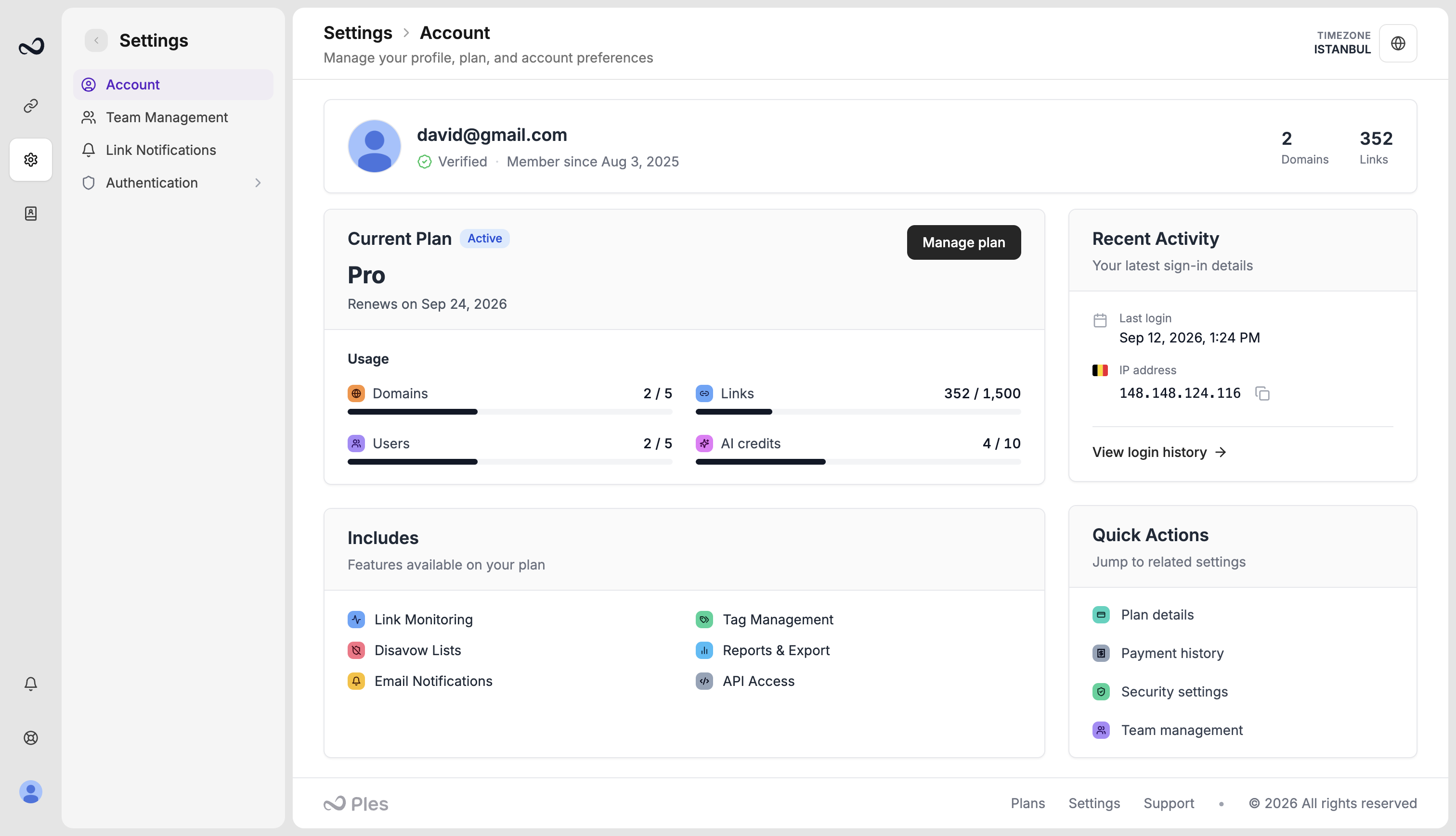 Ples Account settings with timezone, usage bars, password, and avatar