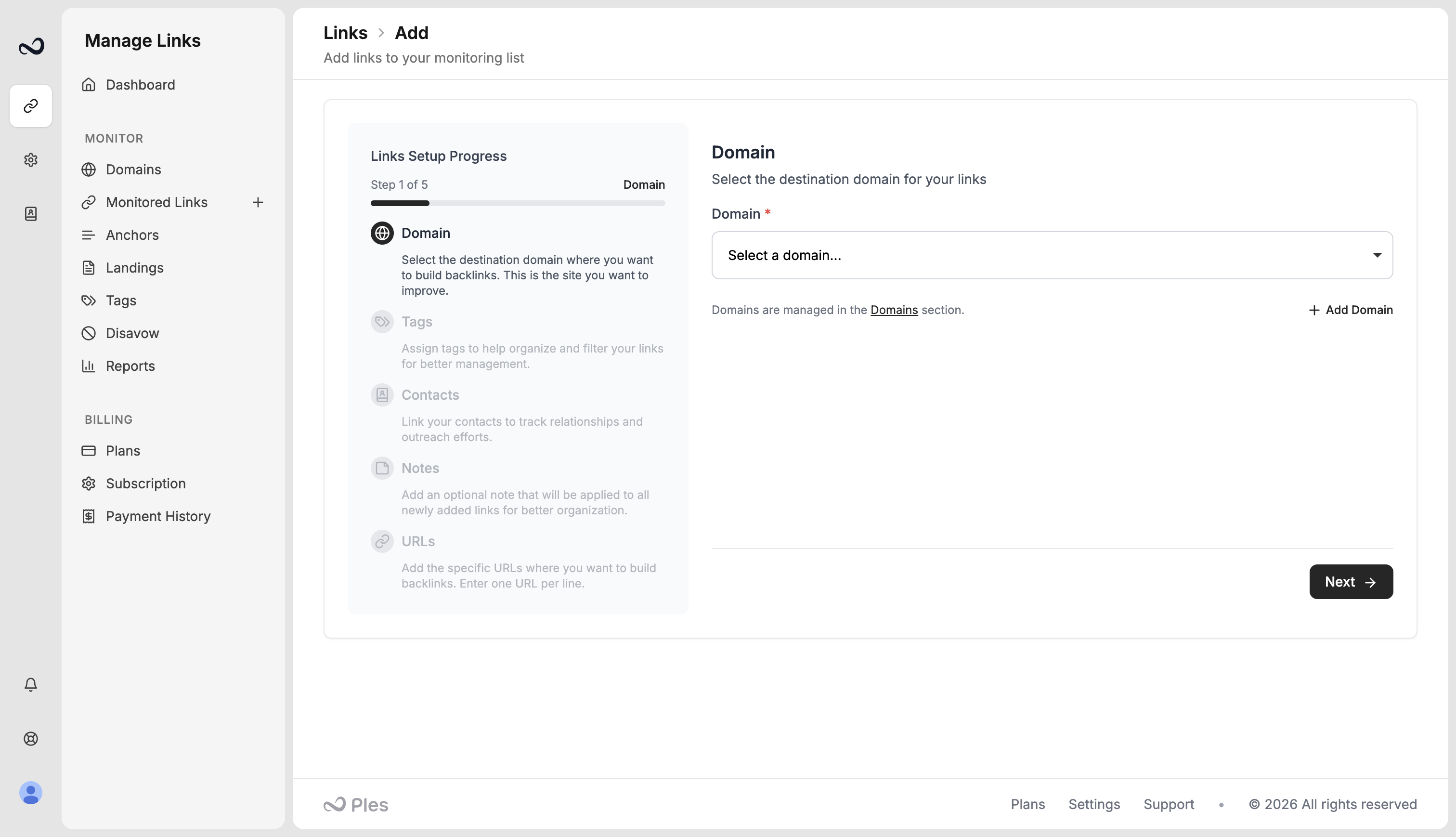 Add links wizard showing domain, tags, contacts, notes, and URL steps