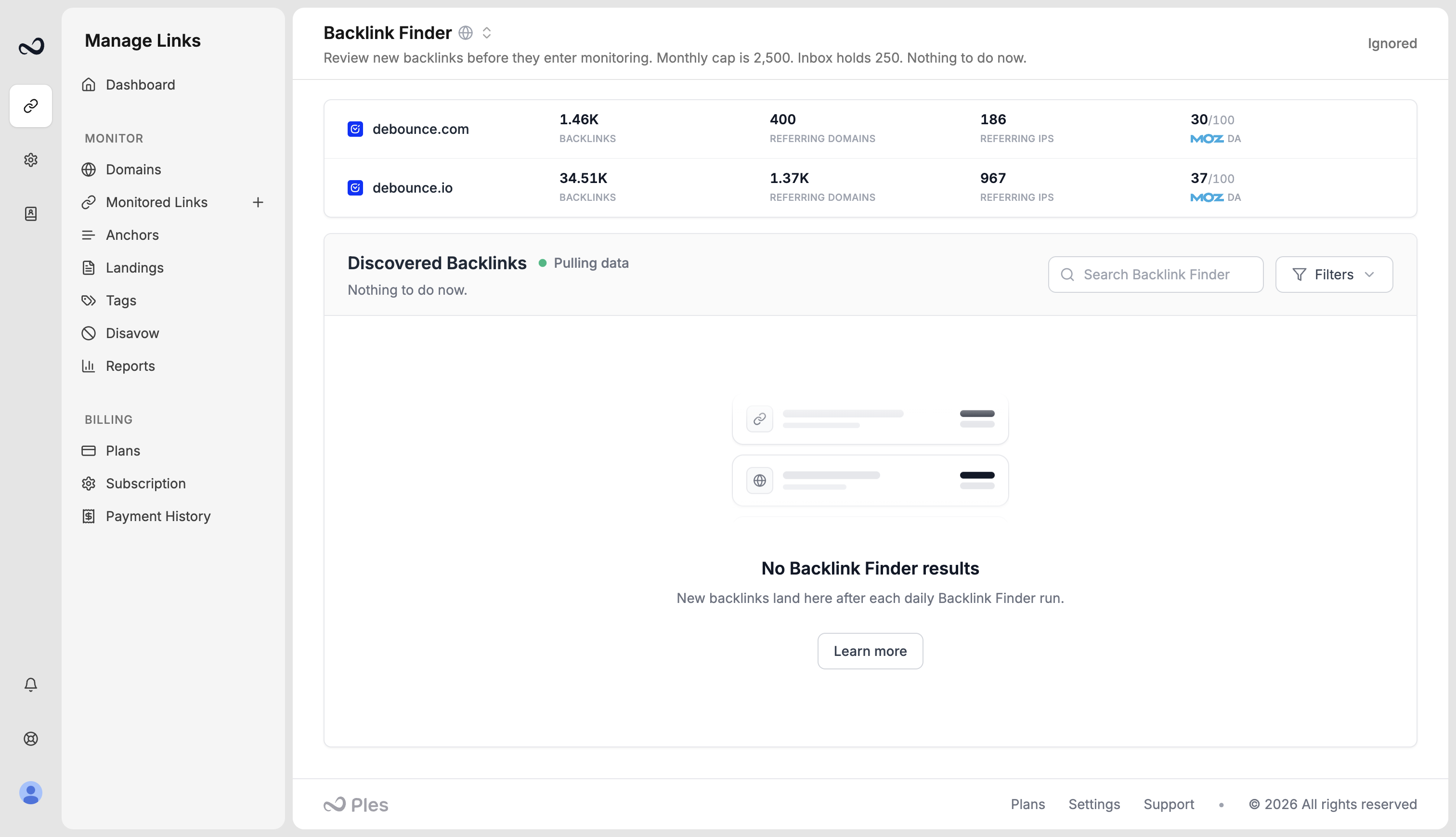 Backlink Finder inbox showing new backlink URLs, destination domain, anchor, referring-domain score, first seen, dofollow status, and add, ignore, and disavow actions