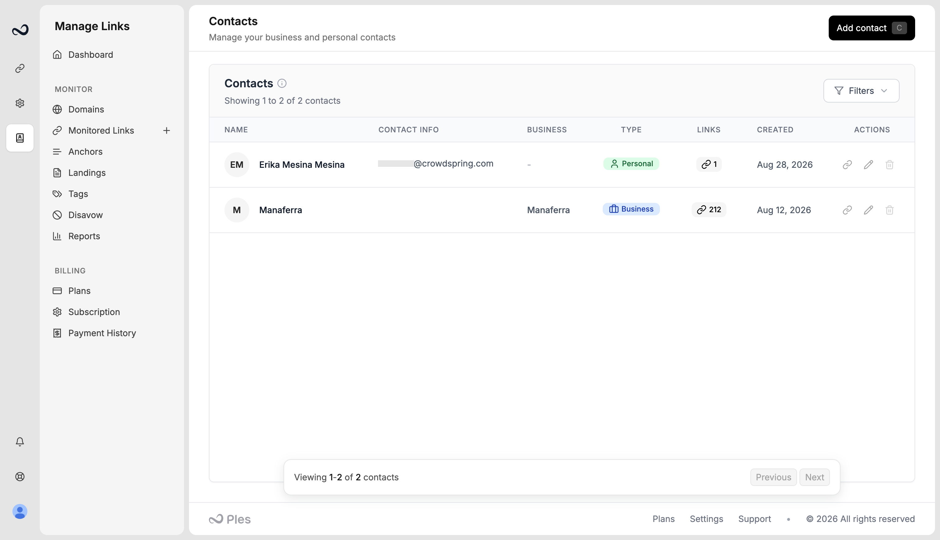Contacts page with names, emails, business, and Add contact