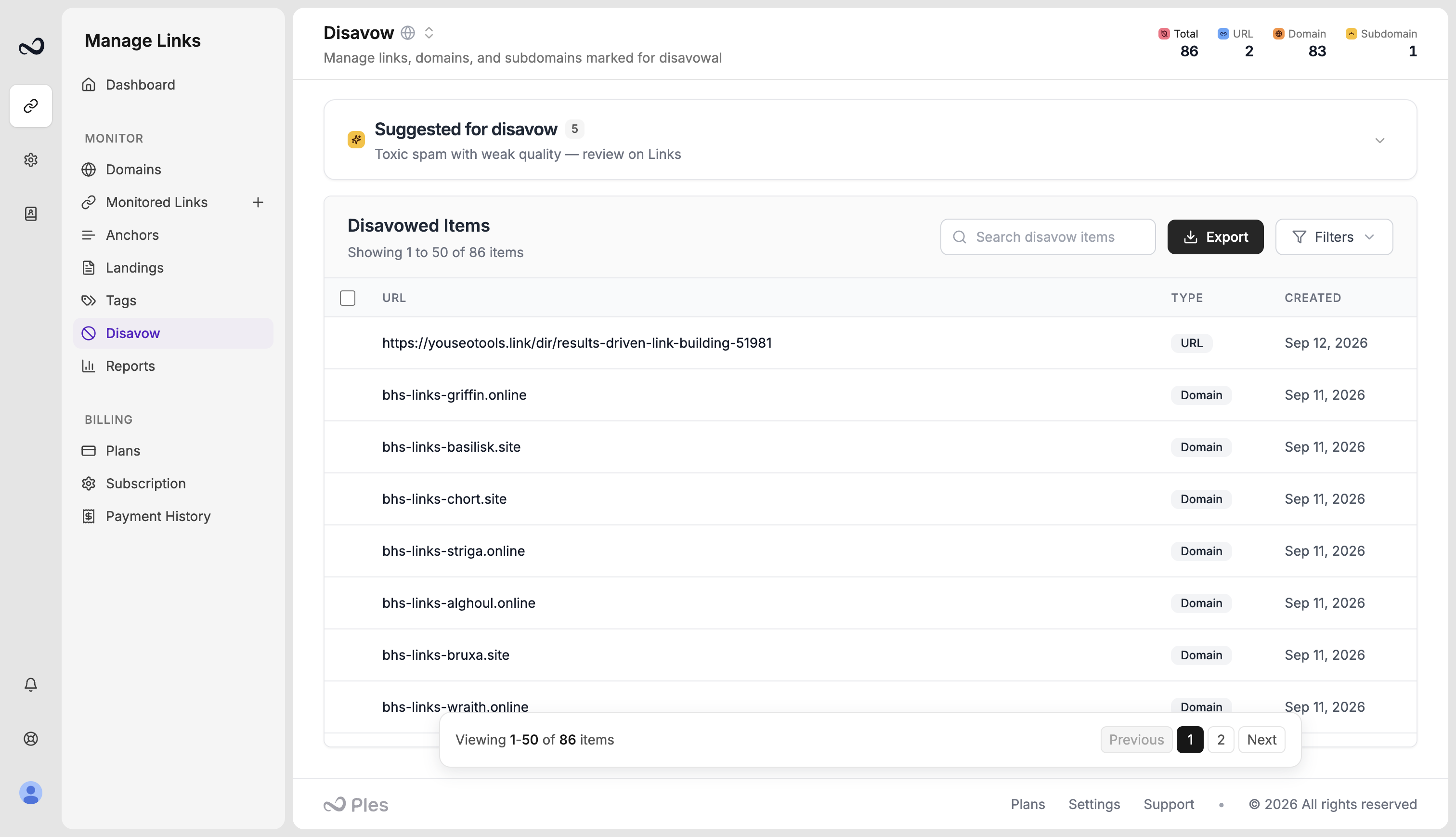 Ples Disavow page with list items, type filters, and export button