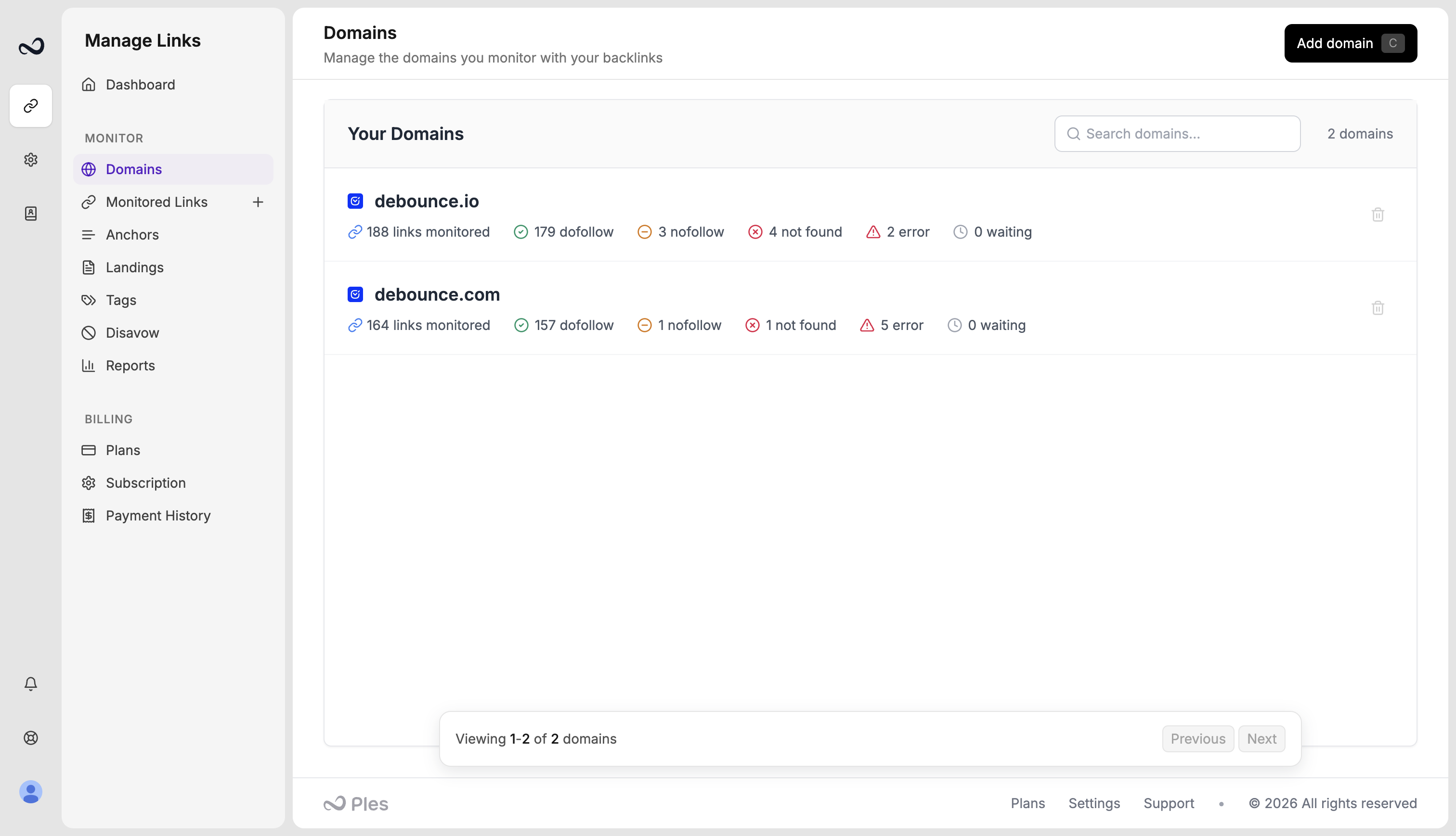 Domains page listing monitored properties with link counts