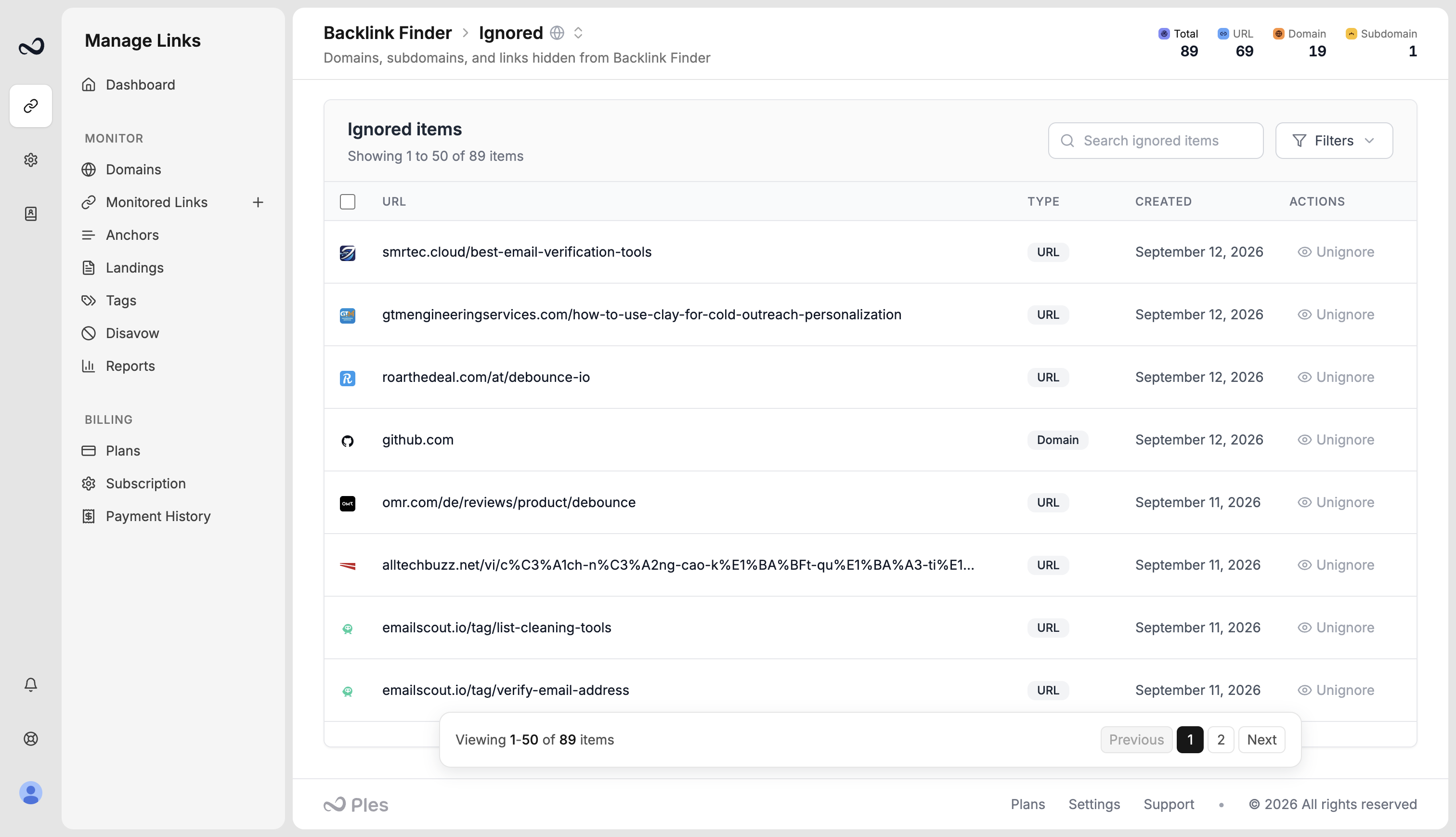 Backlink Finder Ignored list with URL, domain, and subdomain rules