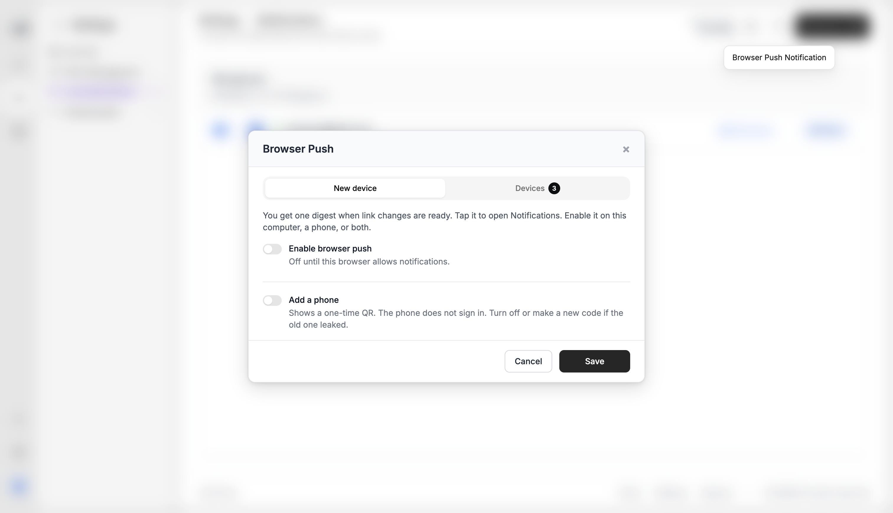 Browser Push modal with New device and Devices tabs