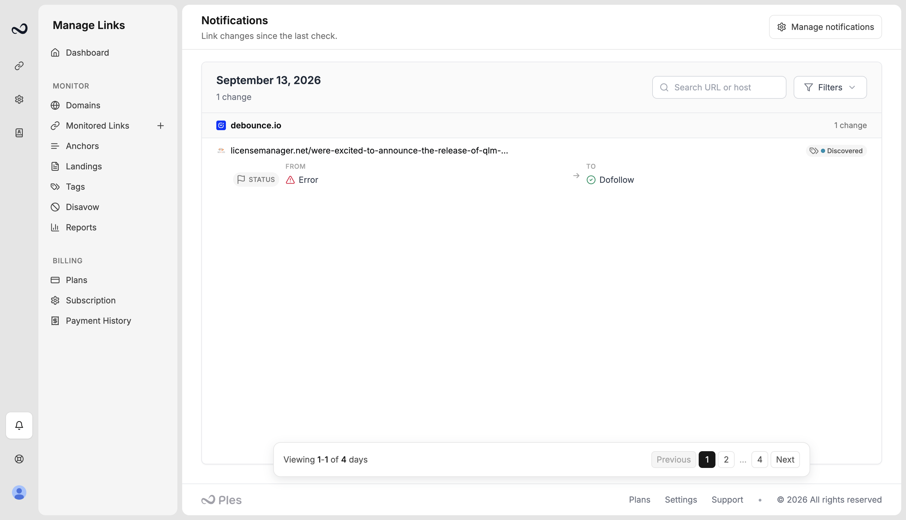 Ples notifications feed showing link status, anchor, and target changes grouped by domain