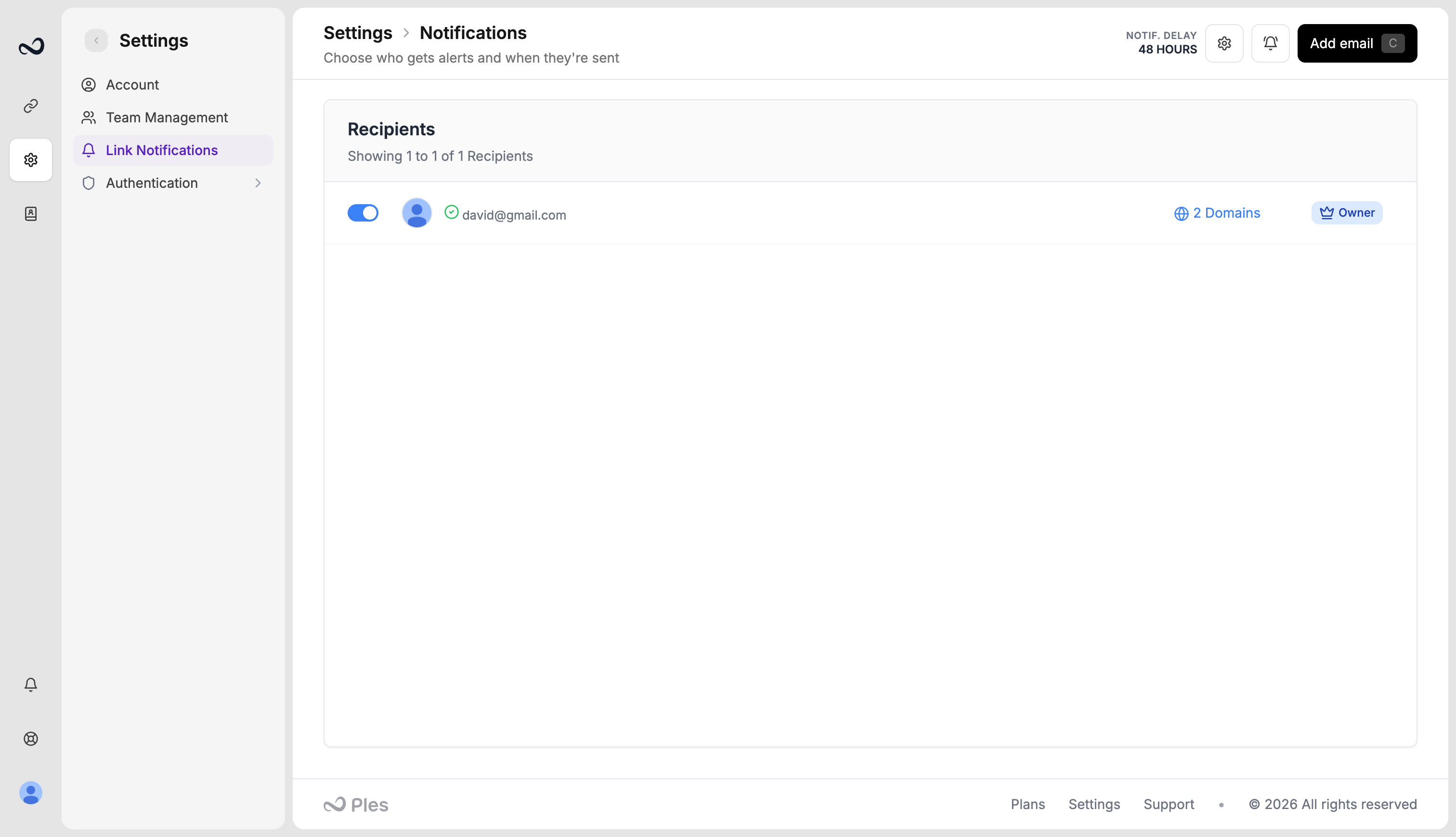 Ples Link Notifications settings with recipient list, domain toggles, delay options, and Browser Push