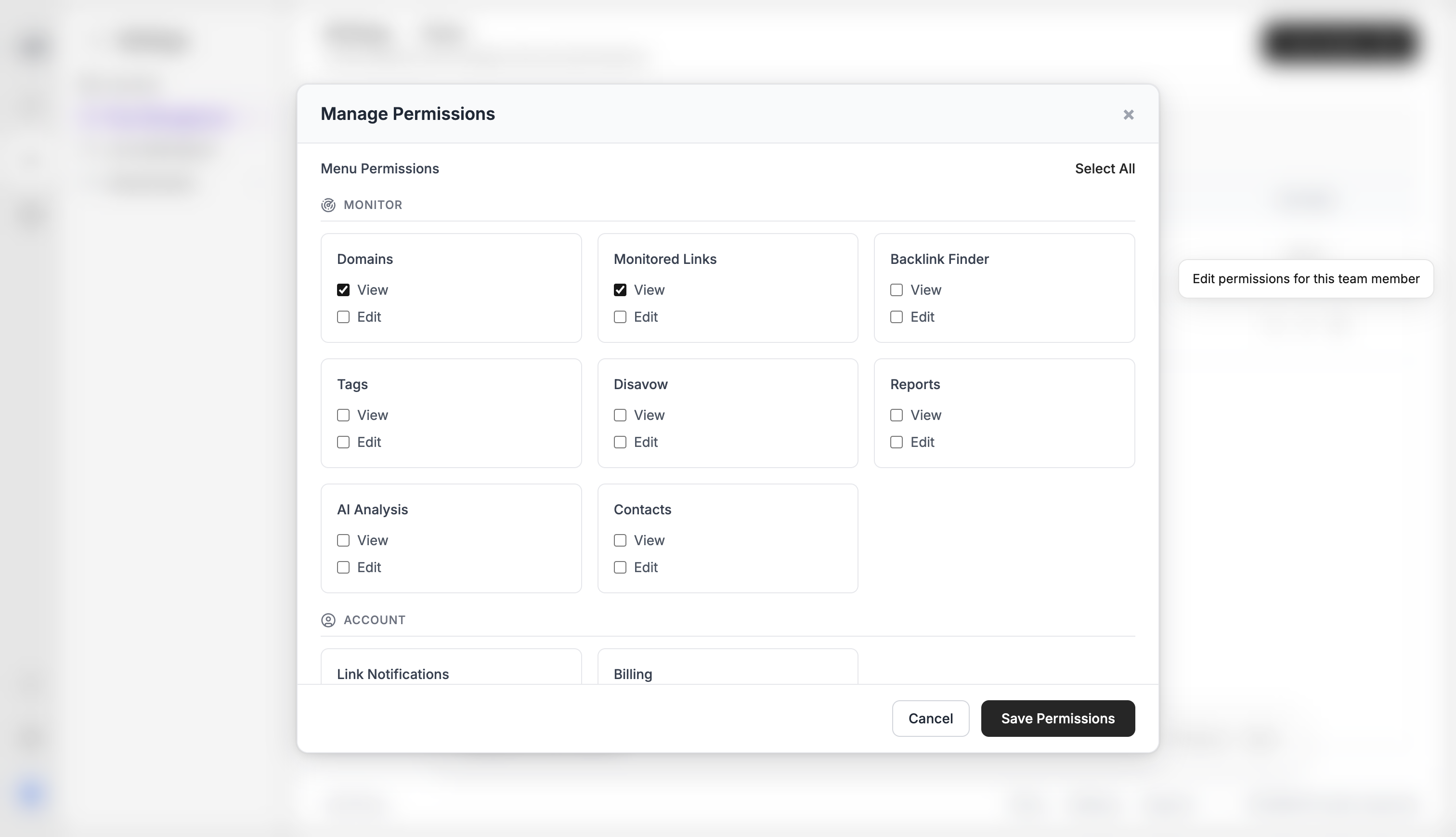 Ples Manage Permissions modal with view and edit checkboxes per menu
