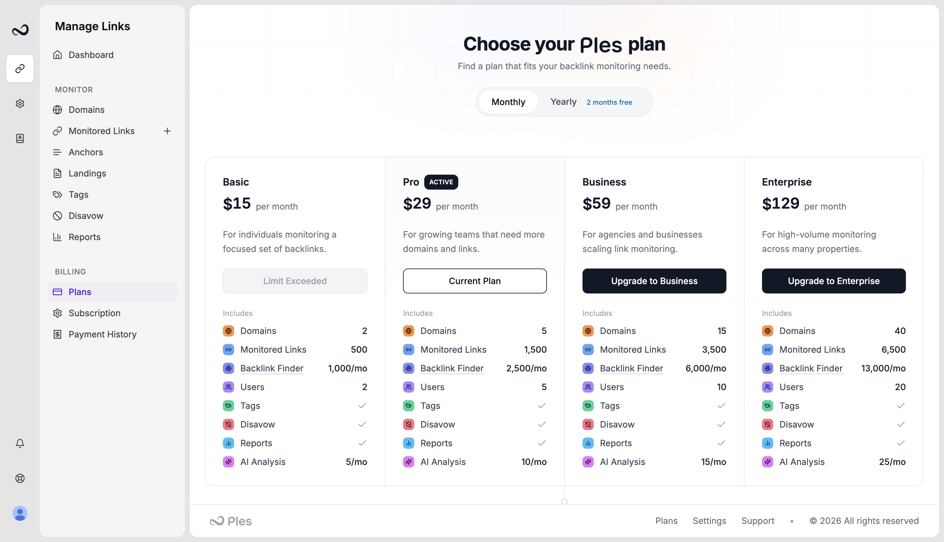 Ples Plans and pricing page with monthly and yearly prices