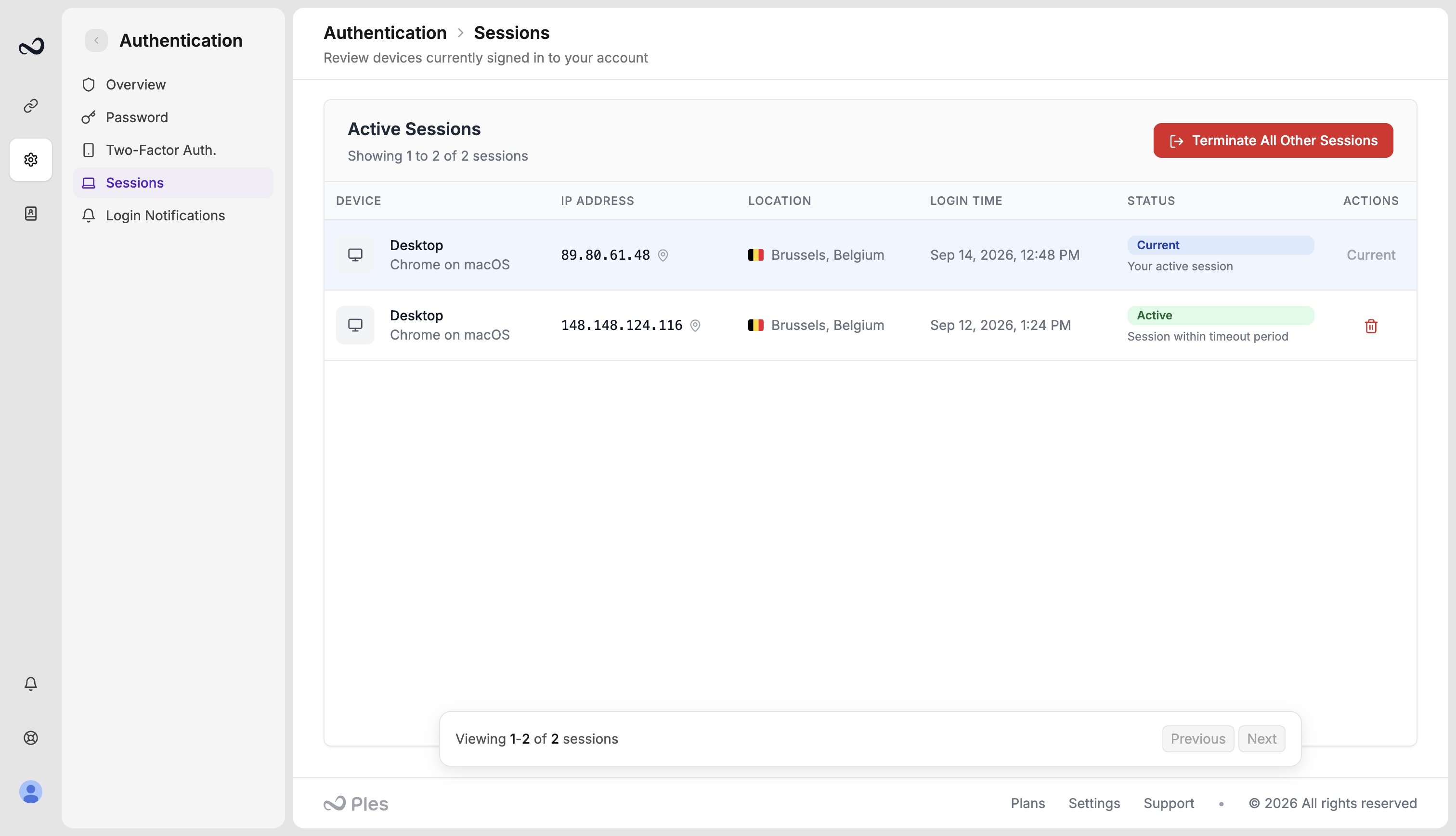 Ples Active Sessions table with device, IP address, location, login time, Current and Active status, and terminate actions