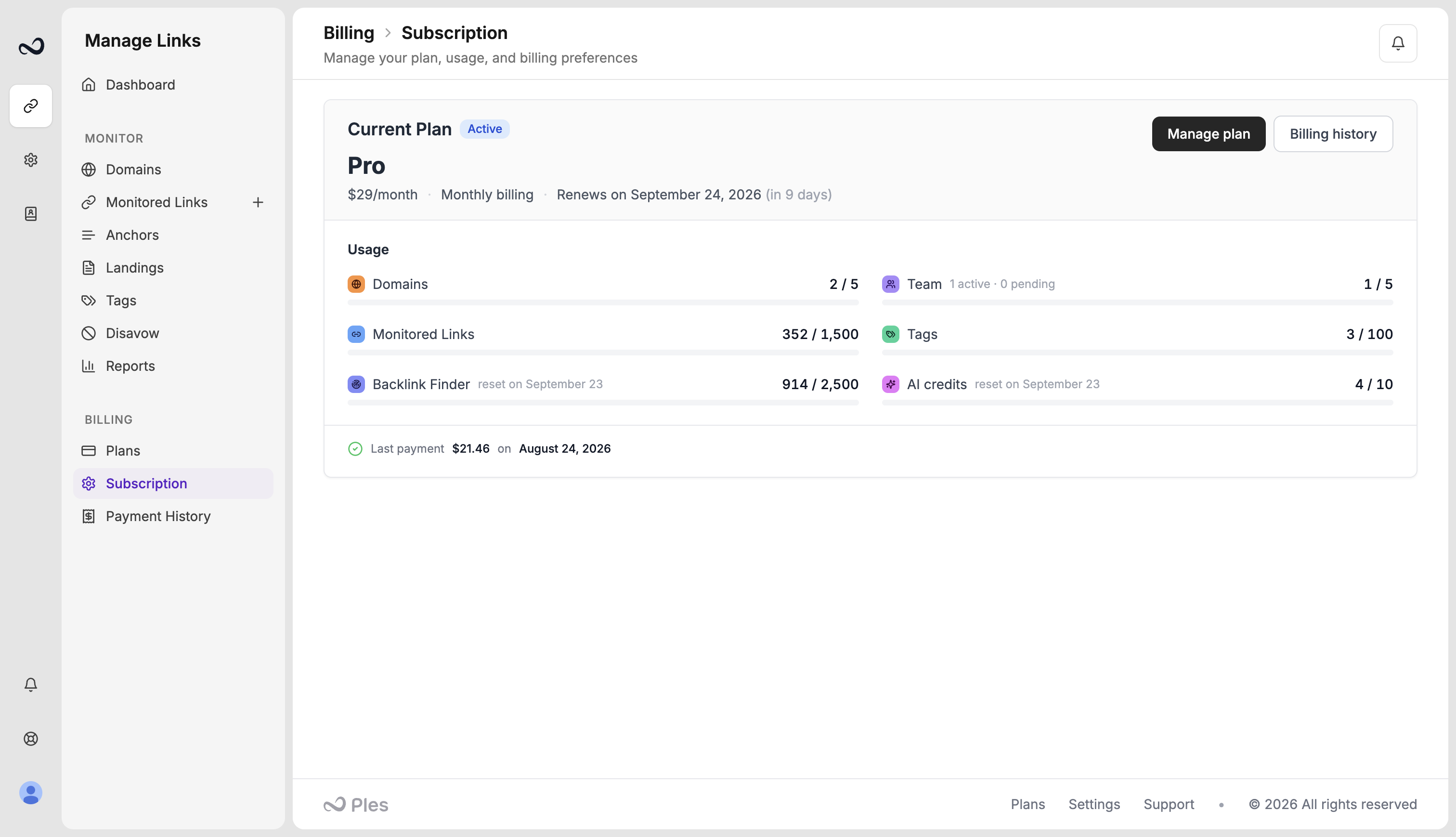 Ples Subscription page with current plan, renewal date, and reminder settings